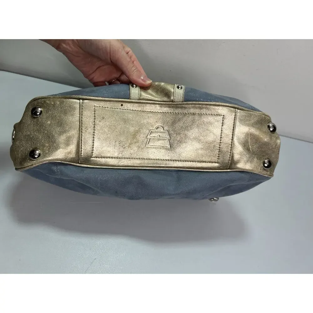 Kathy Van Zeeland Gold Blue Shimmer Distressed Purse Silver Studs Y2K